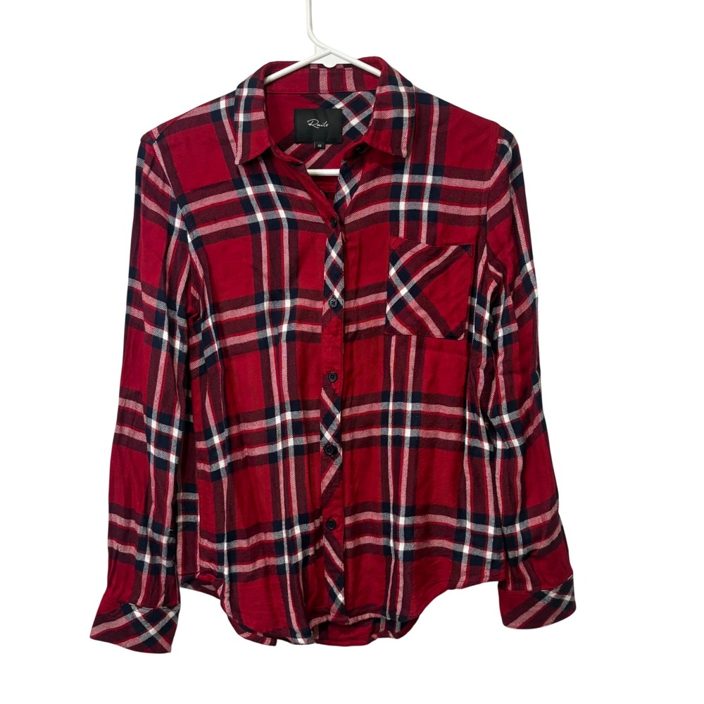 Rails Hunter Shirt Women XS Carmine Red Navy Plaid Rayon Button Down